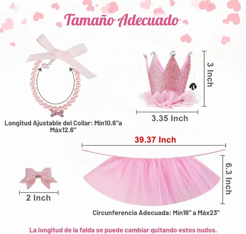 Vista 2 de Disfraz de tutú para perro, tutú rosa para perros pequeños y medianos, suministros para fiesta de cumpleaños, sombrero de cumpleaños para perro