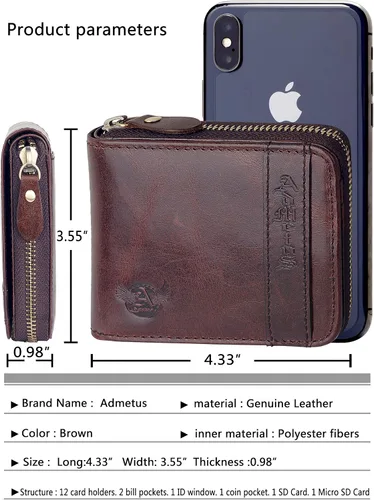 Vista 5 de Admetus - Billetera doble de cuero genuino, pequeña, con cremallera, para hombre