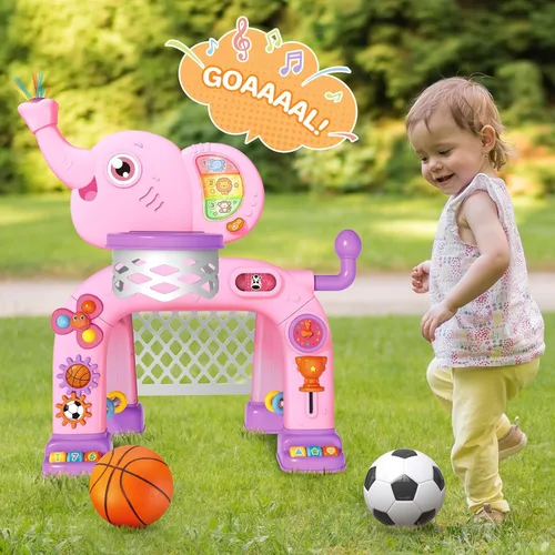 Vista 7 de Shemira Aro de baloncesto y centro de actividades de portería de fútbol para niños pequeños con luz y música, juguetes musicales de elefante