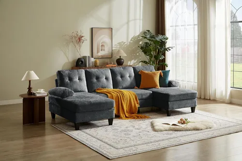 Vista 12 de Sofá modular de 105 pulgadas para sala de estar, sofá en forma de U de 4 plazas con doble diván de fibra de lino de poliéster, color azul Gris claro