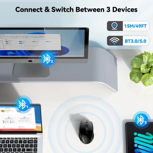 Vista 2 de TECKNET Ratón Bluetooth, inalámbrico silencioso 6 botones batería de 2 años, color negro BT 5.0/3.0, DPI de 6 niveles a 4800, compatible con SO
