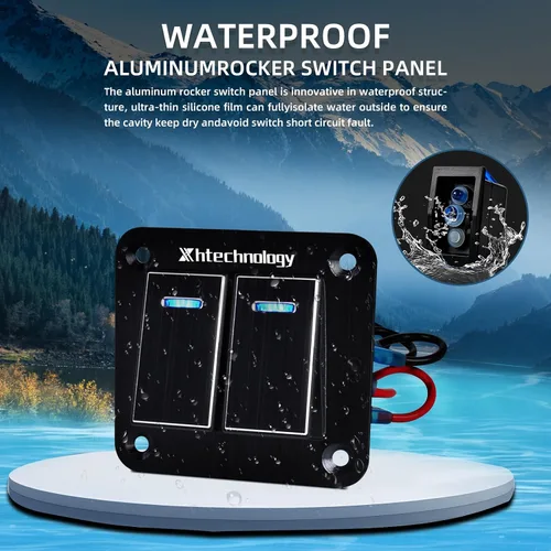 Vista 7 de Panel de interruptor basculante de aluminio de 2 vías, impermeable, precableado con retroiluminación azul, interruptor de palanca