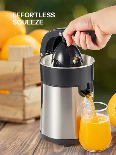 Vista 4 de Exprimidor eléctrico profesional de cítricos de acero inoxidable cepillado, 2 conos intercambiables para naranja, limón y pomelo, fácil de limpiar