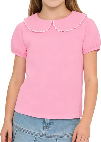 Vista 9 de LYSMuch Camisa básica de manga corta con cuello Peter Pan para niñas de 2 a 5 años, color liso