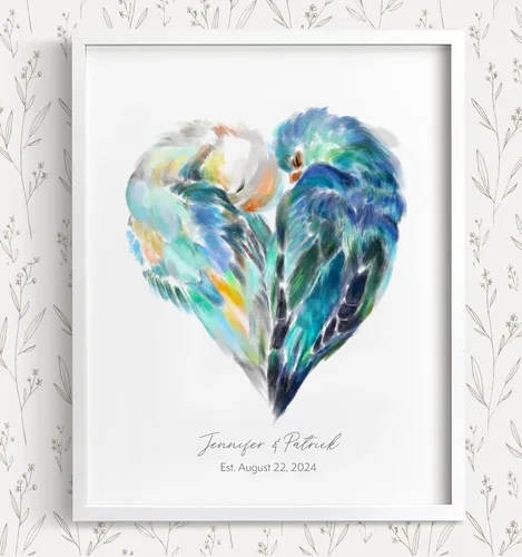 Vista 12 de Triple Studio Regalo de boda personalizado, impresión artística de pájaro con nombre y fecha personalizados, celebración de aniversario para novio