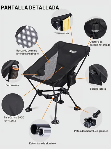 Vista 8 de WildCall Silla de camping plegable ligera, silla antihundimiento
