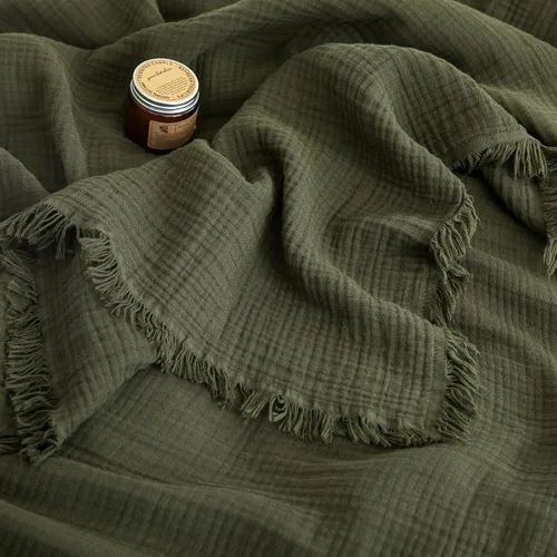 Vista 77 de FOSSA Manta de Muselina con Flecos - Gasa de Algodón 100% de 4 Capas Súper Suave y Transpirable - Manta Decorativa Ligera y Refrescante para Cama