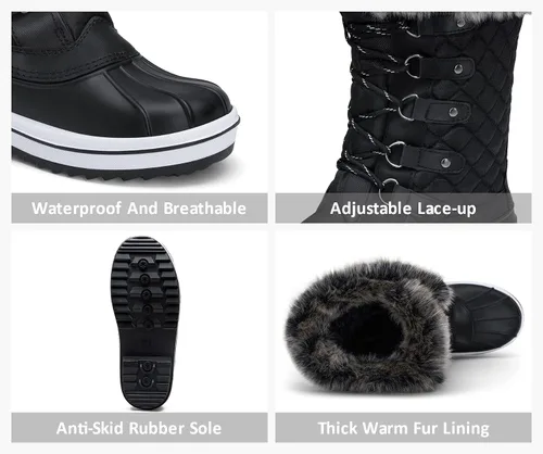Vista 7 de VEPOSE Botas de nieve impermeables para mujer Calzado a media pantorrilla de agujetas con pieles