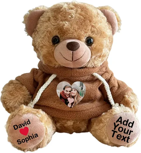 Vista 15 de Oso de peluche personalizado con fecha de texto de imagen, juguetes de peluche personalizados de 11 pulgadas, regalo para novia, novio, cumpleaños