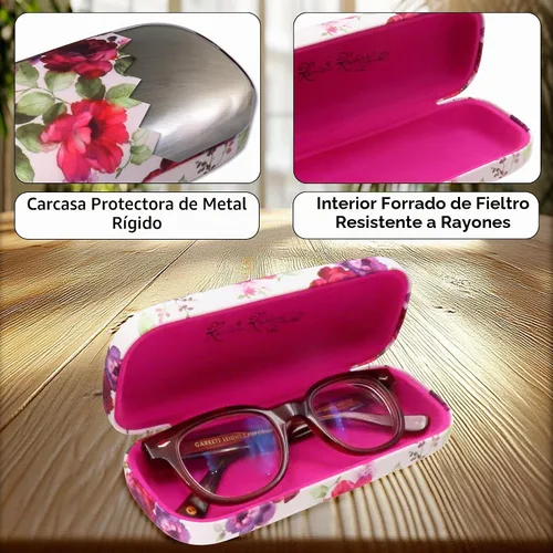 Vista 3 de MyEyeglassCase Estuche rígido para lentes de mujer Estuche protector de carcasa dura con bolsa y paño 1- Rosa de arándano floral