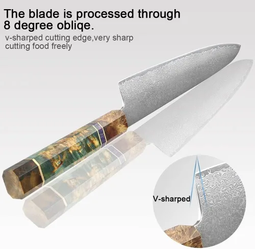 Vista 6 de ZZYY - Juego de 9 cuchillos japoneses de acero de Damasco con mango de madera solidificada, cuchillos Nakiri, cuchillo de chef Santoku, cuchillo