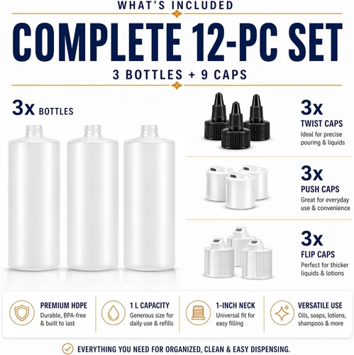 Vista 2 de Bar5F Paquete de 3 botellas grandes de plástico HDPE de 1 litro, 33.8 onzas