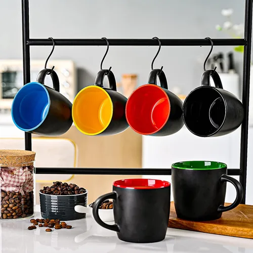 Vista 4 de BYCNZB Juego de tazas de café de cerámica de 11 onzas, tazas de porcelana negra mate, varios colores, tazas para café, té, jugo, cacao, juego de 6