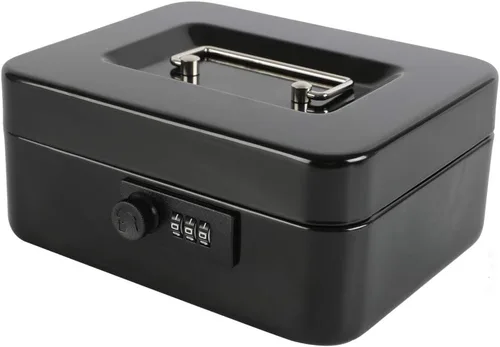 Vista 3 de xydled Caja fuerte de acero con cerradura de combinación, caja fuerte para dinero con bandeja extraíble para monedas, tamaño mediano, 7.87 x 6.30 x