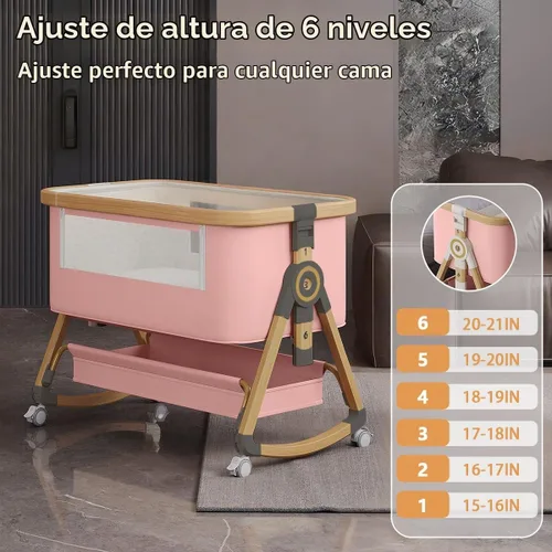 Vista 3 de Baby Bassinet, 4 In 1 Portable Bassinet Bedside Sleeper with Wheels Comfy Mattress and Storage Basket, Moises Para Bebe 6 Adjustable Height Rocking
