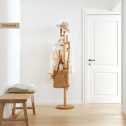 Vista 7 de Perchero de bambú Cactus para abrigos y ropa, estante de ropa independiente con 6 ganchos para adultos y niños, perchero resistente y moderno