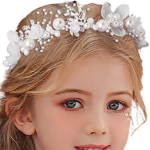 Vista 8 de Campsis Diadema para niñas con perlas y flores, diadema de boda de cristal azul, accesorios para el cabello para niñas