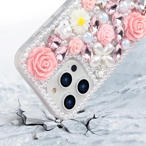 Vista 6 de Compatible con iPhone 15 Pro Max Bling Case con correa, de lujo con diamantes de imitación de diamantes de imitación brillantes, pulseras florales