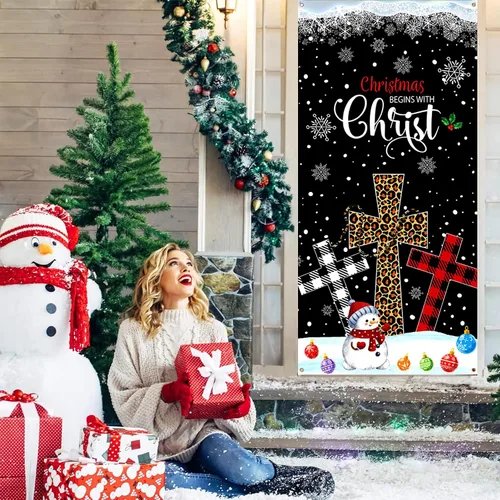 Vista 4 de RUMIA Cubierta de Puerta de Navidad con Nacimiento, "Christmas Begins with Christ", Decoración de Puerta Delantera, Banner, Cruz de Navidad