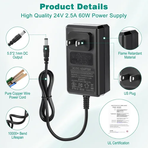 Vista 3 de Fuente de alimentación de 24 V con certificación UL, transformador de bajo voltaje de 24 voltios, Paquete de 2 CC 24V 2.5A 60W AC100-240V to 24V