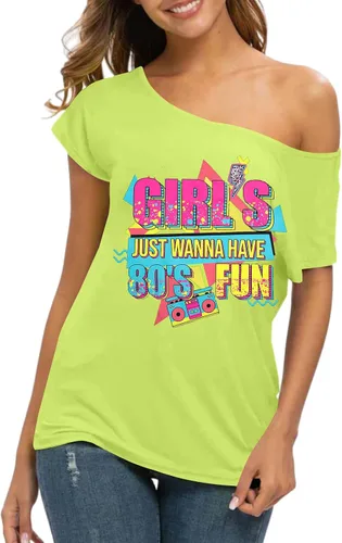 Vista 4 de Traje de los años 90 y 80 para mujer, camiseta de discoteca de fiesta temática de los años 80, tops con hombros descubiertos, parte superior vintage