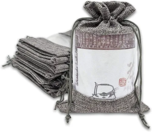 Vista 13 de TheDisplayGuys para tu vida moderna - Paquete de 12 bolsas de regalo pequeñas de arpillera de lino y organza con cordones (8.9x14 cm, gris)