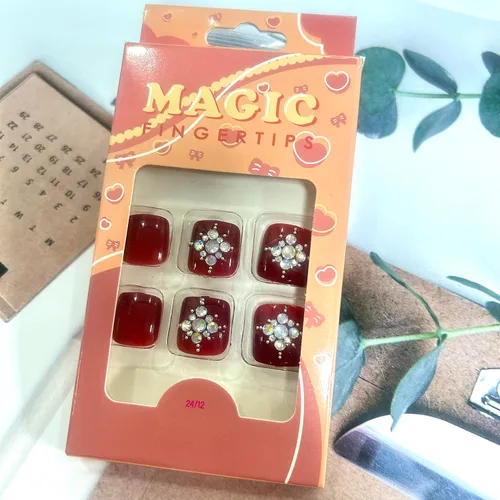 Vista 6 de Uñas cortas cuadradas a presión, puntas de uñas reutilizables de cobertura completa con pegamento, uñas adhesivas con diseños de diamantes