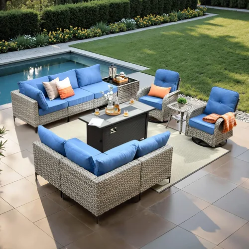 Vista 43 de ovios Muebles de patio de 8 piezas con hoguera, juego de conversación de mimbre de ratán para exteriores con mesa de centro brillante, cómodo sofá