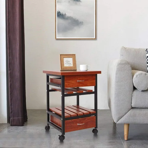 Vista 5 de Mesa auxiliar de madera con ruedas junto al gabinete, mesita de noche con 2 cajones para dormitorio, sala de estar