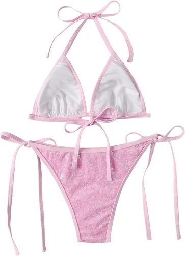 Vista 2 de SweatyRocks Traje de baño de 2 piezas con lentejuelas para mujer, bikini triangular con lazo lateral