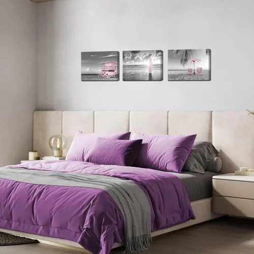 Vista 4 de Biuteawal 3 piezas de arte de pared costero de playa, impresiones artísticas para decoración de paisaje marino de verano, pintura temática gris