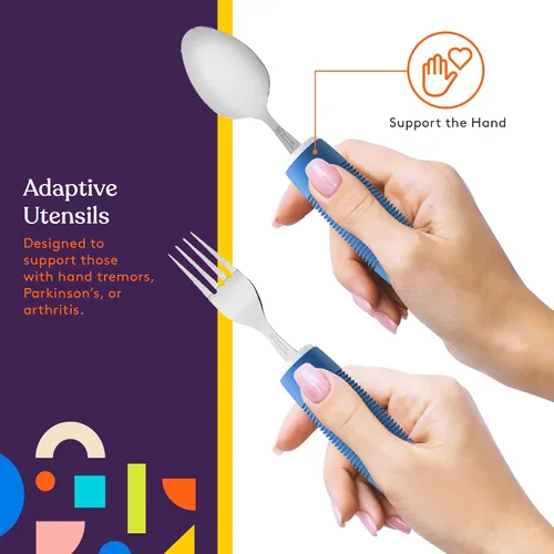 Vista 6 de Special Supplies Utensilios adaptativos (juego de cocina de 5 piezas) anchos, sin peso, asas antideslizantes para temblores de manos, artritis