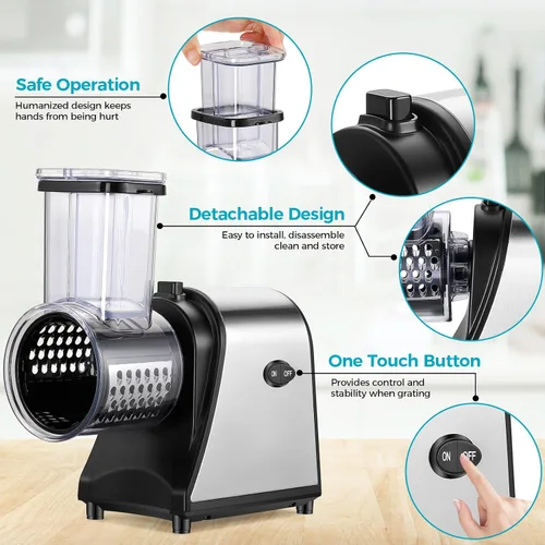 Vista 5 de Rallador eléctrico de queso, rebanador de verduras 5 en 1 y máquina de ensalada con cuchillas de acero inoxidable, rallador eléctrico de queso de un