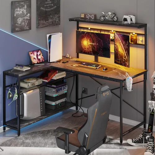 Vista 13 de Bestier Escritorio de juegos en forma de L de 42 pulgadas, escritorio para computadora con tomas de corriente y luz LED, escritorio reversible