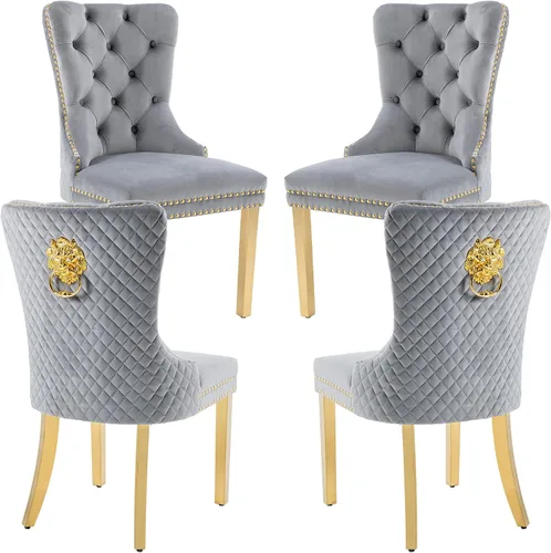 Vista 17 de Juego de 2 sillas de comedor, patas de metal dorado, anillo de león sofisticado, color beige Beige (oro)
