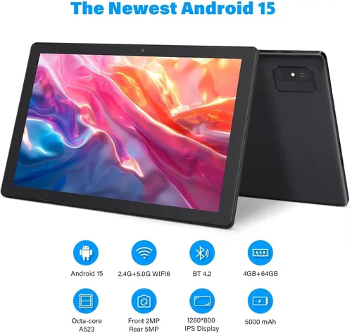 Vista 2 de Tablet Android de 10 pulgadas, 8 GB de RAM, 64 GB ROM 1 TB expandible Android 15, Octa-Core, WiFi 6 (2.4G/5G), pantalla de 1280 x 800, tabletas