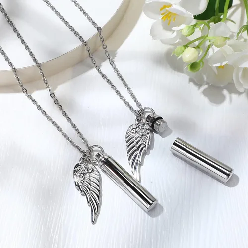 Vista 5 de Collar de urna para cenizas, joyería de cremación cilíndrica con dije de ala de ángel, recuerdo conmemorativo, recuerdo para mujeres y hombres