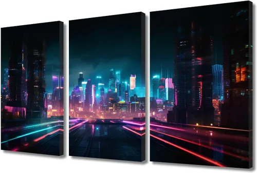 Vista 42 de Lienzo decorativo para pared de sala de estar, lienzo Cyberpunk, decoración de pared de 3 paneles, decoración de pared para el hogar, dormitorio