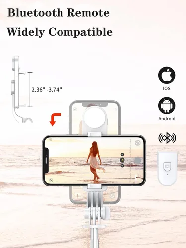 Vista 4 de Trípode para selfie stick con control remoto inalámbrico, trípode para selfie stick de 46 pulgadas con luz de relleno LED, para iPhone 16/15/14/14