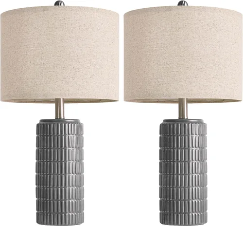Vista 9 de PoKat Juego de 2 lámparas de mesa de cerámica gris oscuro de 23 pulgadas para sala de estar, lámparas de noche modernas para dormitorio, lámpara