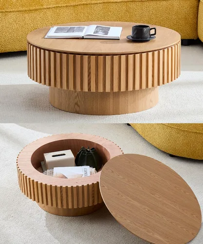 Vista 30 de WILLIAMSPACE Mesa de Café Redonda de 35.43" con Tablero de Piedra Sintética, Mesa Central Circular de Madera Moderna de Estilo Granja para la Sala