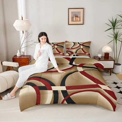 Vista 39 de Castle Fairy Juego de edredón con estampado azteca occidental, juego de ropa de cama geométrica a rayas marrones para niños y adolescentes