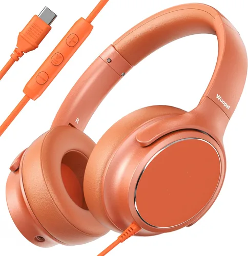 Vista 10 de Auriculares con cable USB C sobre la oreja con micrófono, control de volumen, puerto compartido y diadema ajustable, auriculares estéreo plegables
