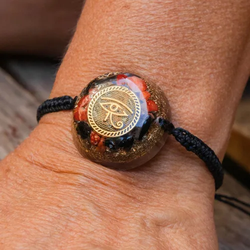 Vista 3 de ARTE ORGONES & Design Pulseras de orgón Ojo de Horus Amuleto Protección Orgonita Turmalina Negra Pirita Chackra Cristales Curativos Hombres Mujeres