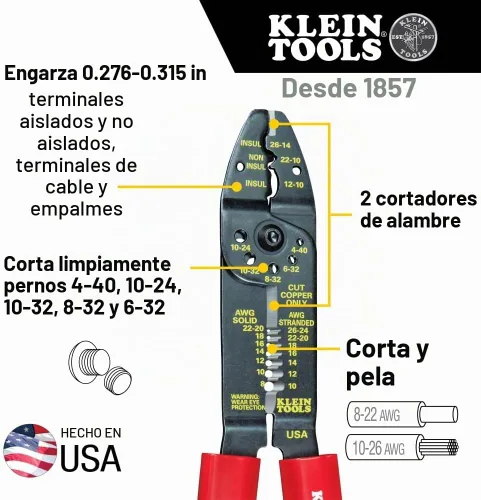 Vista 2 de Klein Tools 1001 Herramienta multiusos, fabricada en EE. UU., pelacables / cortador de alambre / crimpadora para 8-22 AWG, herramienta multiusos