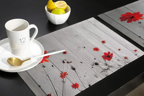 Vista 5 de Juego de 6 manteles individuales de flores de amapola roja para mesa de comedor, manteles individuales de lino de algodón gris rústico