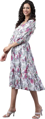 Vista 5 de Janasya Vestido acampanado con estampado digital Georgette blanco para mujer india
