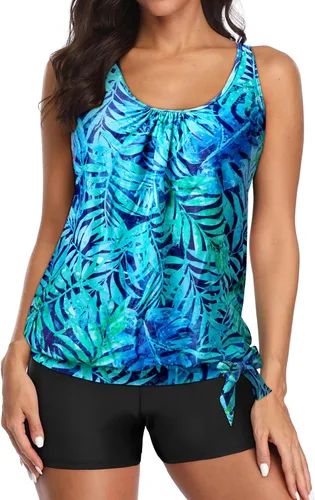 Vista 4 de Yonique Traje de baño de 2 piezas para mujer, top tankini con pantalones cortos y control de abdomen