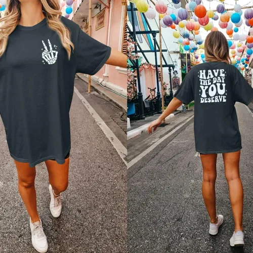 Vista 5 de ASTANFY Camisetas de gran tamaño para mujer camiseta con texto en inglés "Have the Day You Merere", divertidas camisas de esqueleto informales