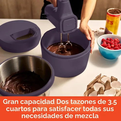 Vista 5 de bella - Batidora de mano y soporte de 3.5 cuartos de galón, batidora eléctrica 2 en 1 con tazón, color ciruela